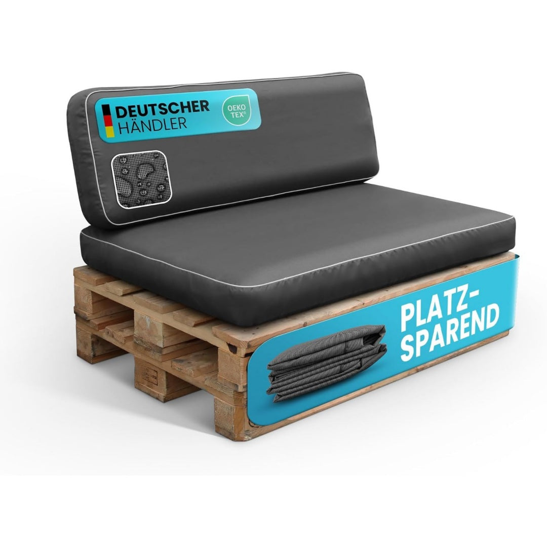 bestlivings palettenkissen set 2-teilig anthrazit gartensofakissen platzsparend verstaubar innovativ - wasserabweisend - bezug abnehmbar - innenkissen aufblasbar 120x80x15 cm 120x40x15cm