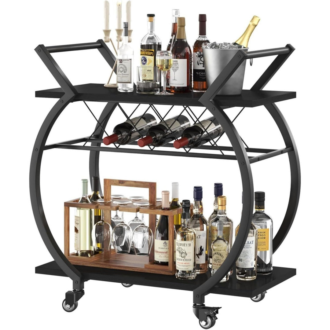 lvb 76cm schwarz servierwagen mit rollenfuer kueche und esszimmer barwagen mit weinregal kuechenwagen mit 2 ebenen weinwagen getraenkewagen fuer kueche esszimmer bar