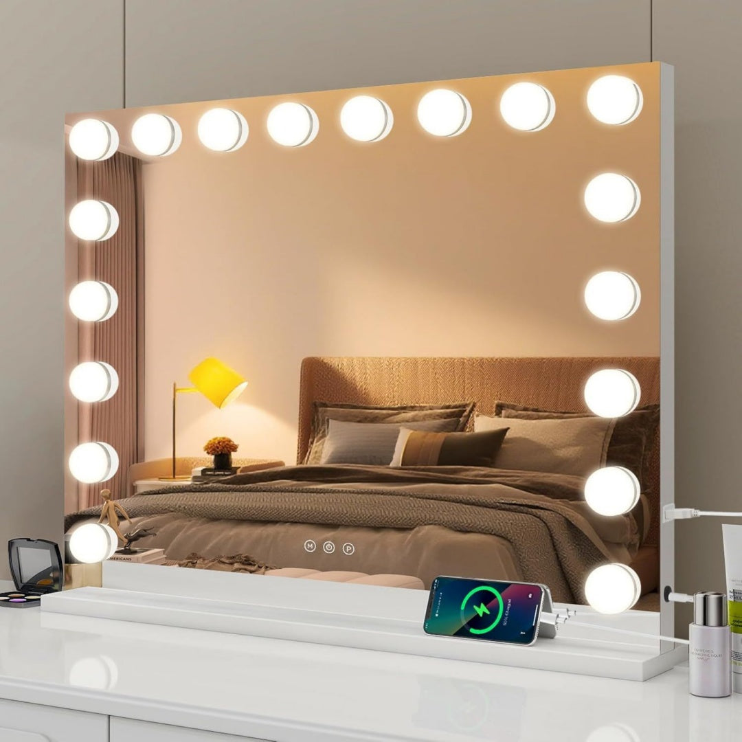 schminkspiegel mit beleuchtung 80x60cm hollywood spiegel mit 18 lichtemittierende diode kosmetikspiegel 3 lichtfarben mit usb 10x vergroesserung touch control tischplatte weiss