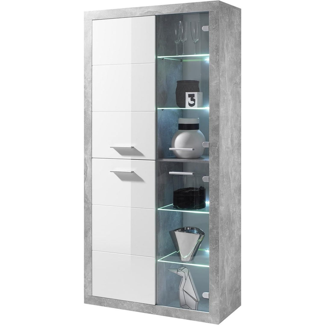 stone kommode mit schubladen in beton optik weiss hochglanz - moderne kommode mit viel stauraum fuer ihren wohnbereich grosse standvitrine mit glaskantenbeleuchtung 2 glastueren 2 holztueren sowie glas- und einlegeboeden kommode