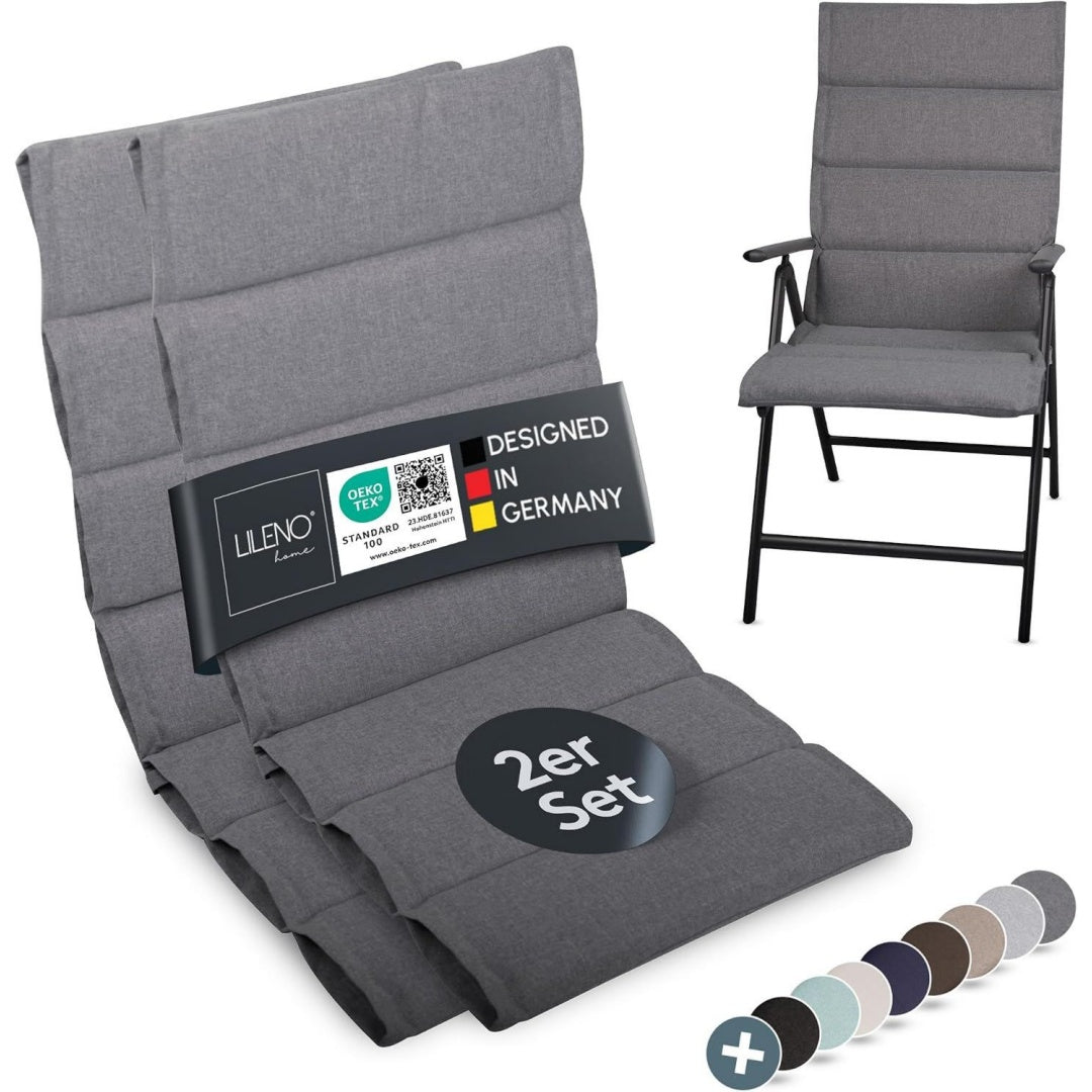 lileno home gartenstuhl auflagen als 2er set - hochlehner in grau - bequeme liegen als sitzauflagen fuer gartenmoebel - stuhlkissen fuer gartenstuehle und klappstuehle