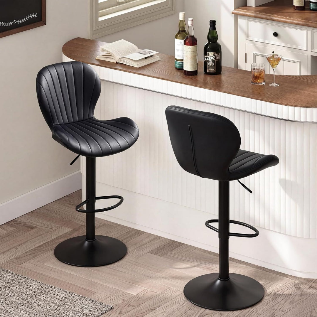 barhocker 2er set barstuhl 360 drehbarer hoehenverstellbar - schwarz mit lehne und fussstuetze aus polyurethan fuer kueche theke bar
