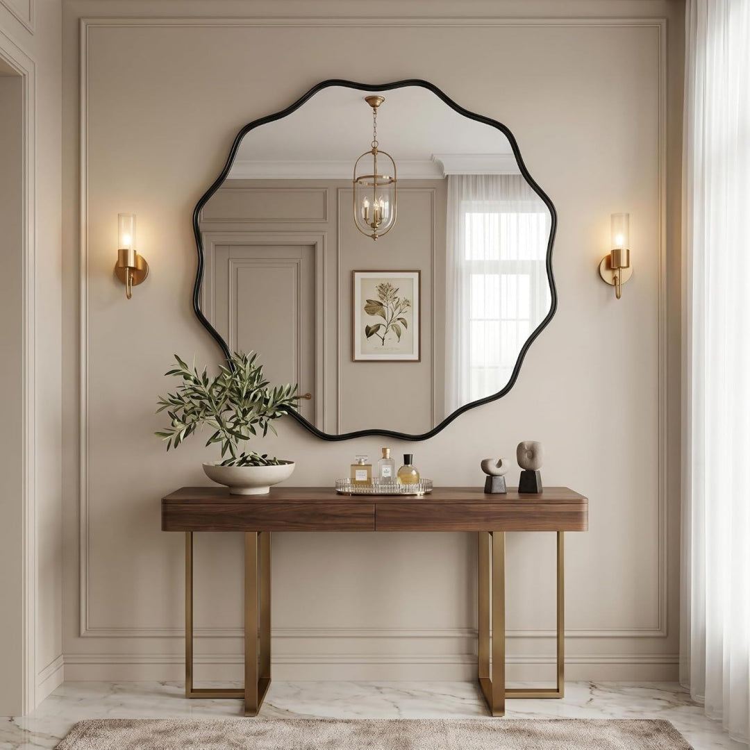 beautypeak runder spiegel 90 cm grosser wandspiegel mit gewellter kante badezimmerspiegel mit schwarz aluminiumrahmen zum aufhaengen und anlehnen rund wandspiegel fuer schlafzimmerflurzimmer deko