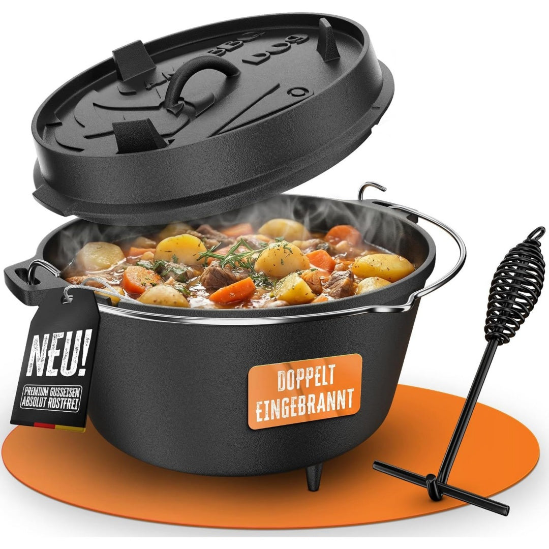 dutch oven 9 liter mit fuessen gusseisen topf doppelt eingebrannt feuertopf fuer grill briketts und lagerfeuer ideal zum brot backen schmoren und braten inklusive deckelheber