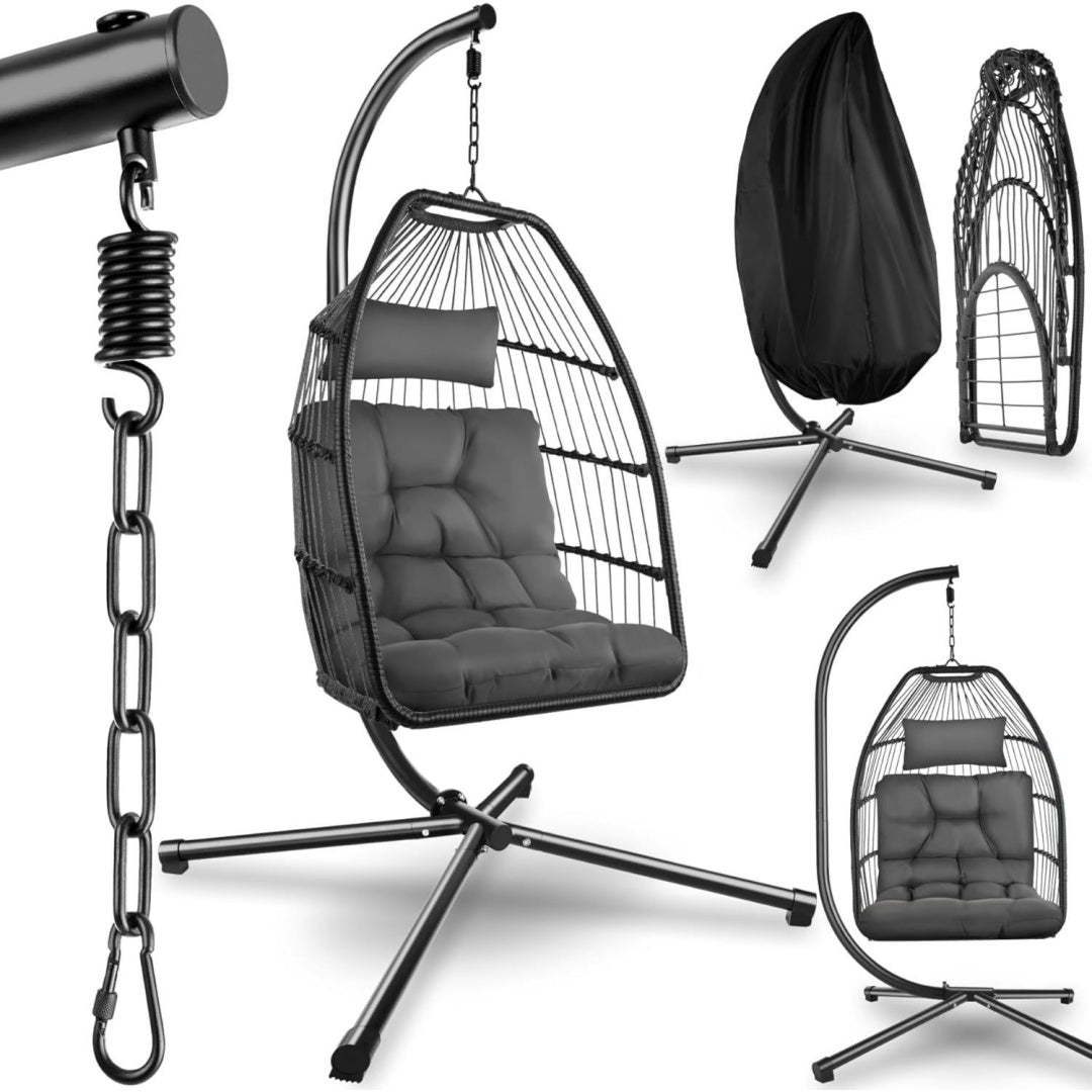 egg chair mit gestell drehbar hoehenverstellbar dunkelgrau hoehenverstellbar faltbar fuer indoor und outdoor inklusive schutzhuelle haengesitz haengematte dunkelgrau